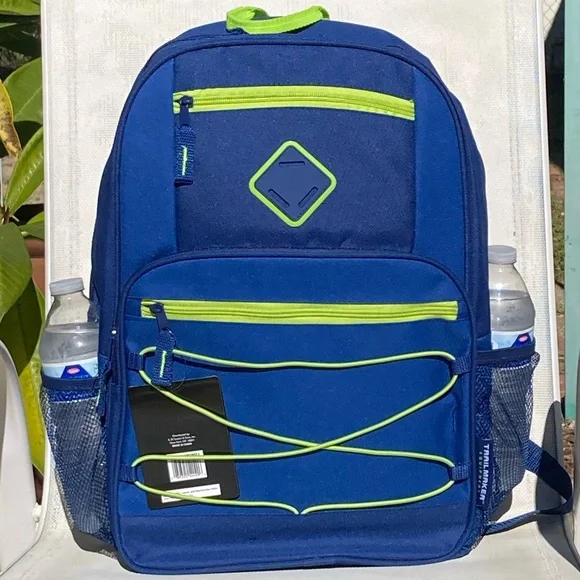 Blue Backpack with Green Trim Side Pockets New