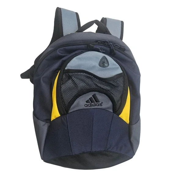 Adidas Backpack Navy Blue Yellow Gray Mesh Pocket Small Gym School Bag‎ Retro