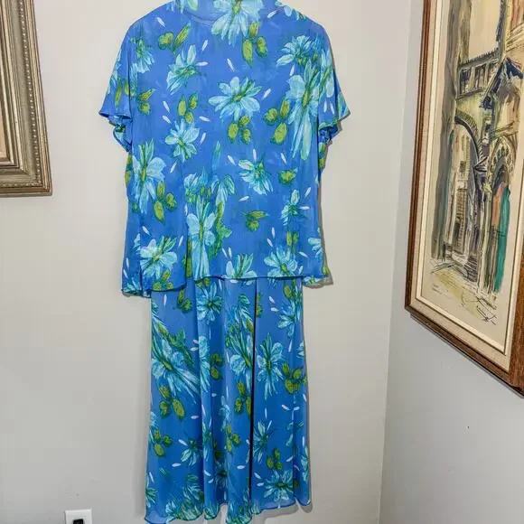 Vintage Studio I Blue Floral Maxi Dress & Matching Cardigan Jacket Set Size 14