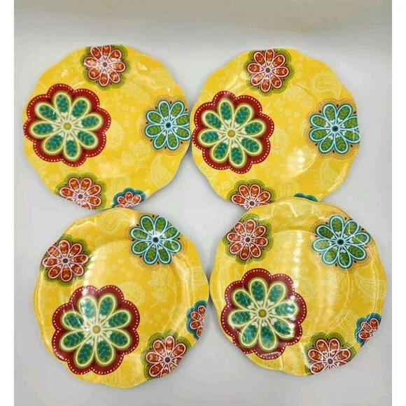 Pier 1 Sunny Floral melamine dinner Plates Set 4 Yellow bright colors flowers‎