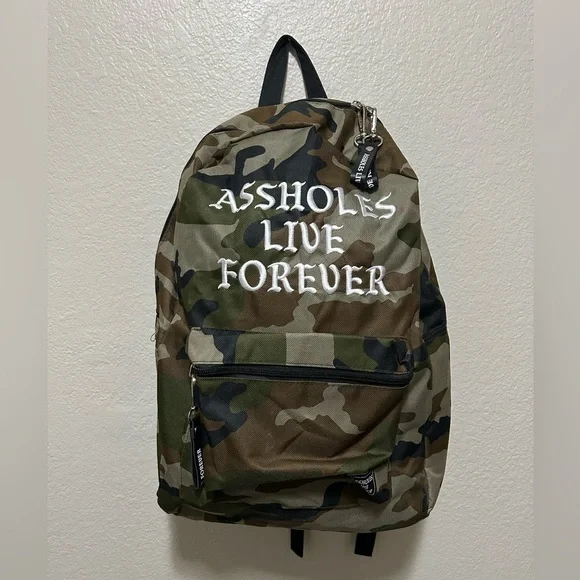 Assholes Live Forever Camo Backpack – NWOT, Embroidered Streetwear Graphic Bag