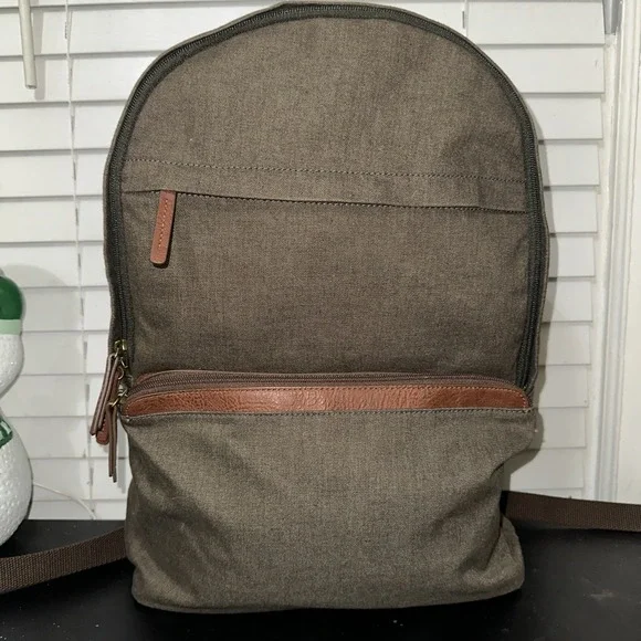Fossil Canvas Backpack Brown Leather Trim Casual Travel School Bag Unisex