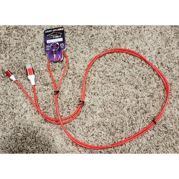 Light Up Cable USB Type C Charge & Sync 7' Reversible Plug Rapid Charge Red