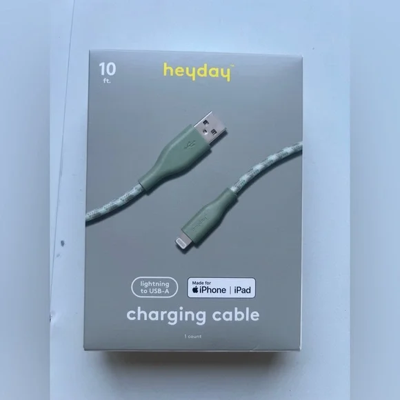 heyday Olive Green Braided 10 ft Lightning to USB-A Cable