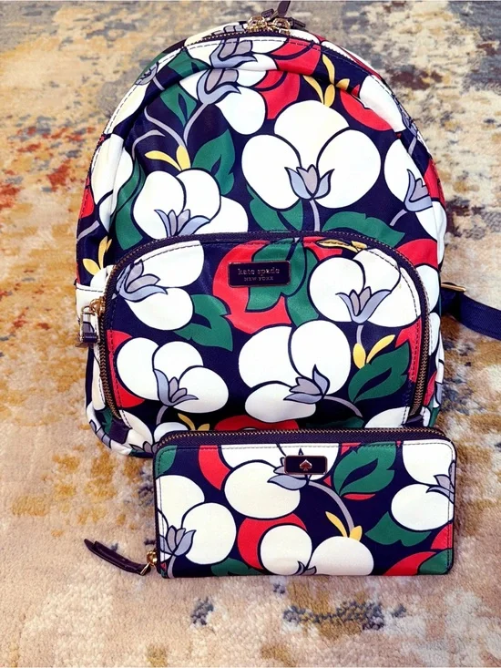 kate spade navy floral backpack with matching wallet set