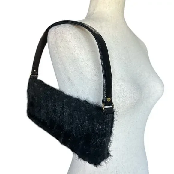Kate Spade Black Faux Fur Shoulder Bag Embossed Strap Bright Print Lining Chic