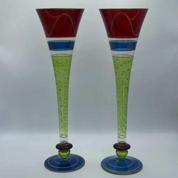 Vintage Pier 1 Hand Painted Champagne Flutes Set 2 Hollow Fiesta Art Glass 10.5