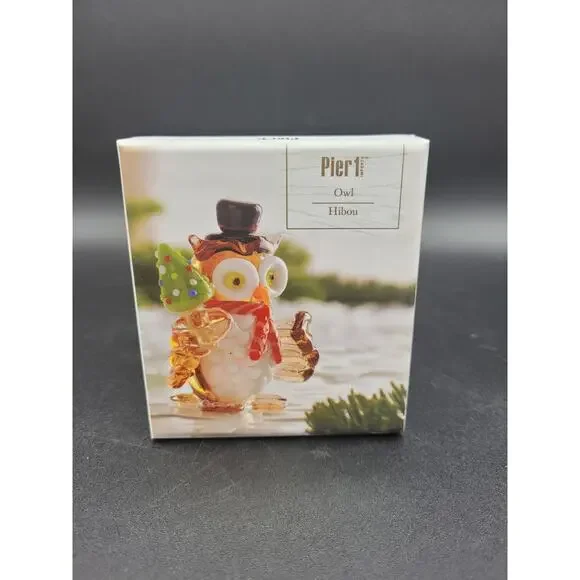 Pier 1 Glass Owl Christmas Figurine wearing Hat Scarf with Christmas Tree 2”