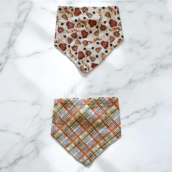 DOG Bandana - Gobble & Thanksgiving Plaid - Size M Medium