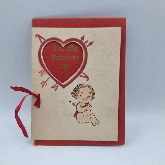 Vintage Valentine Card Cupid Heart Cutout For My Love Poem‎ Red Handmade Layered