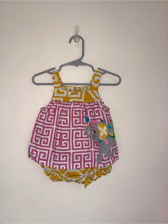 Girls' Pink & Yellow Patterned Sundress Romper with Elephant