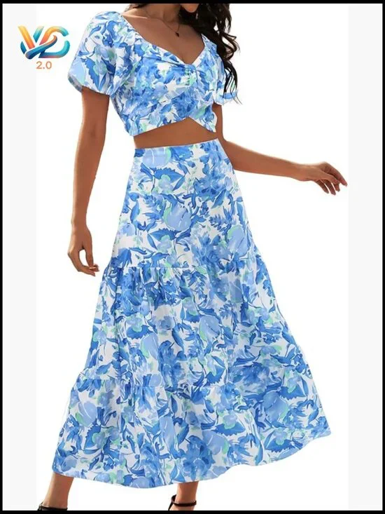2 Piece Skirt Set - Floral Matching Top & Long Skirt Cruise Outfit