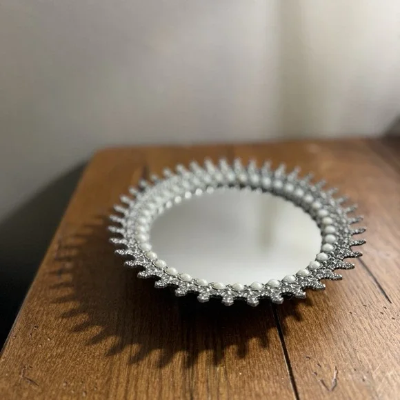 Pier 1 Silver Glass Mirror Trinket Tray Platter Pearl Elegant
