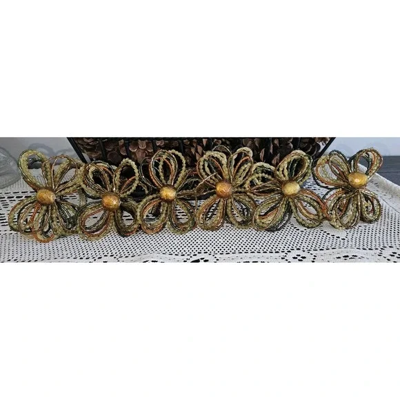 Pier One‎ Imports Set 6 Beaded Napkin Rings Fall Floral Gold Brown Green Orange