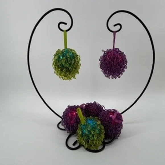 Pier 1 Beaded Bauble Ornaments Set of 6‎ Purple Blue Green Festive Decor