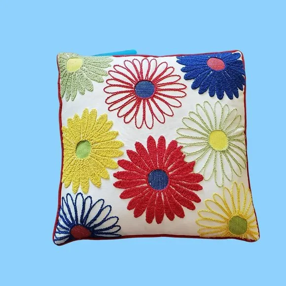Pier 1 Floral Pillow, Embroidered Boho Hippy Flower Power Red Throw Pillow 16x16