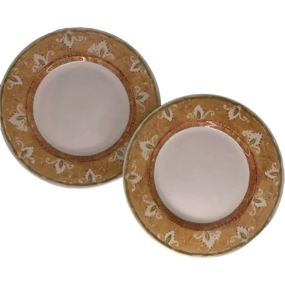 Set/2 Pier One Moroccan Antiqued Gold Green Trim Salad Dessert Plates 8 3/4