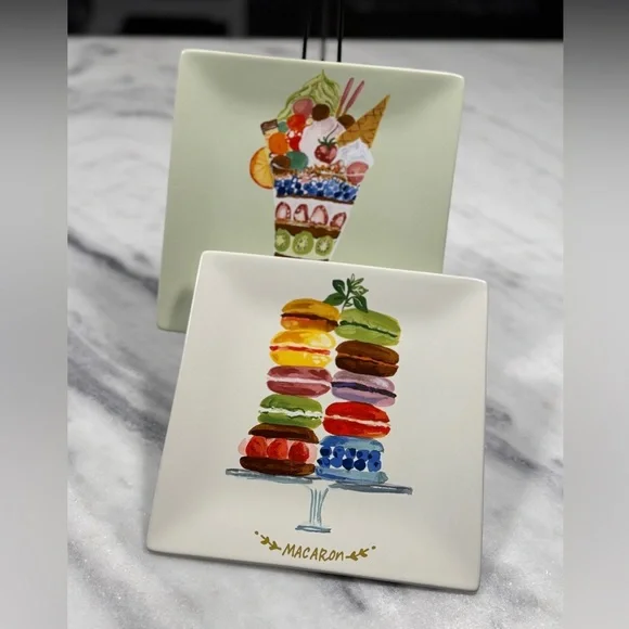 Pier 1 Porcelain Dessert Plates X 2 Pastel Plates w/Colorful Desserts Indonesia