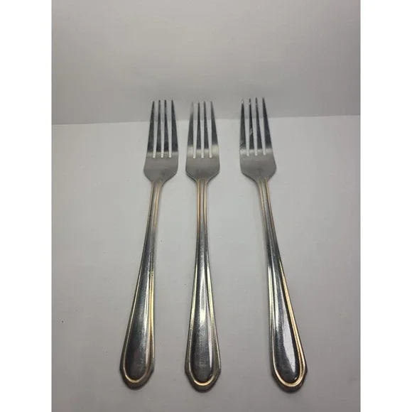 Set Of 3 Hampton Silversmiths ABIGAIL Gold Edge Stainless Dinner Forks 8