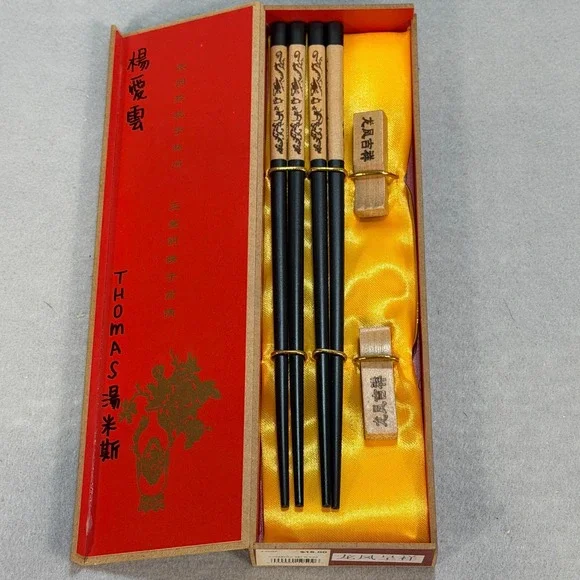 Chinese Chopsticks Gift Set w/ Dragon Motif‎ & Holders in Red Gift Box