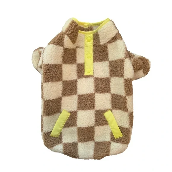 Oodles Sherpa Checkered Dog Hoodie Medium Brown Cream Pet Sweater