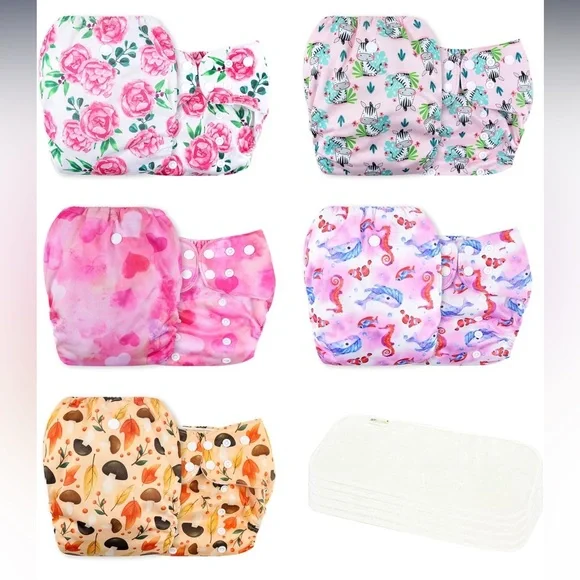 wegreeco Cloth Diapers 5 Pack with 5 Inserts, Washable, Reusable