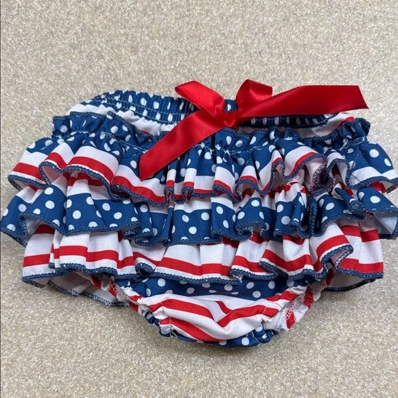 American Flag Ruffle Bloomers, Stripes & Dots with Red Bow, Sz 6-9 Months