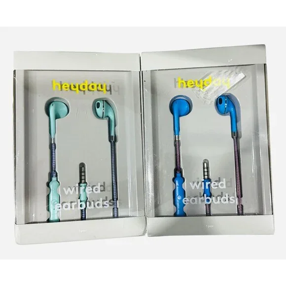 HEYDAY Wired Earbuds Mic & Remote, 3.5mm Plug, Comfort Fit Bright Blue & Spring