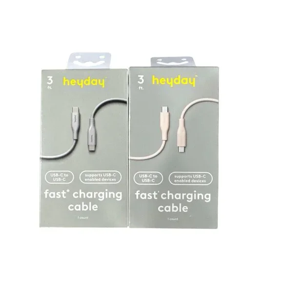 HEYDAY Fast Charging Cable 3ft USB-C to USB-C Cable Beige & Silver (2-pack Bundl