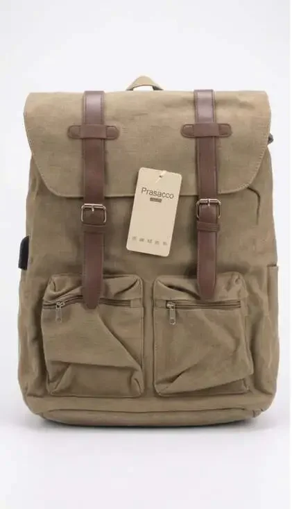 Prasacco Vintage Khaki Canvas Laptop Backpack w/External USB port for charging