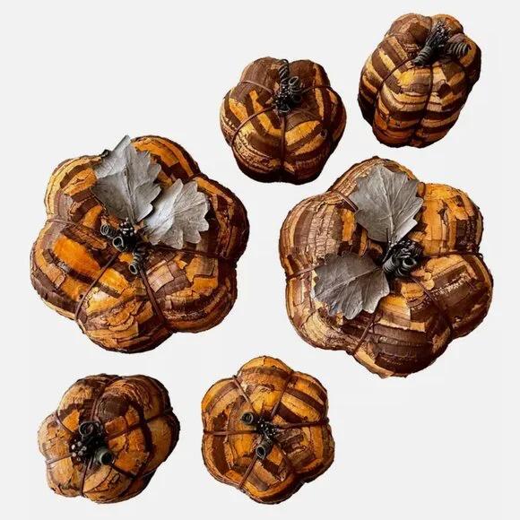 SET OF 6 PIER 1 ONE IMPORTS WOODEN CORK TREE BARK ORANGE STRIPED RUSTIC PUMPKINS