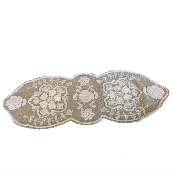 Pier 1 Table Runner Beaded Embroidered Floral Tan‎ 36.5” Long