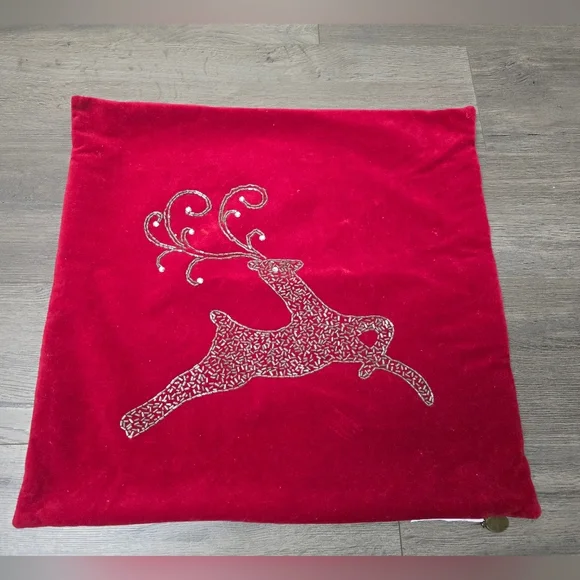 Pier 1 Reindeer Accent Pillow Cover Red Velveteen Beaded Sparkle