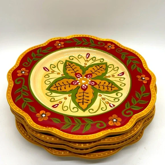 Pier 1 Juliana hand painted floral gold red scalloped edge salad plates 4