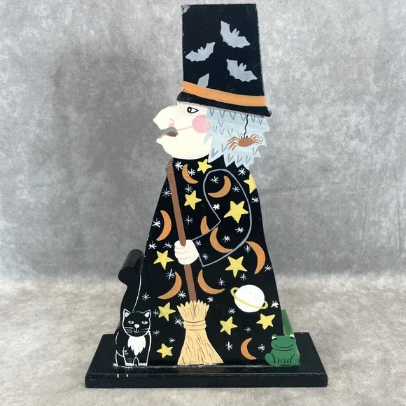 Rare Vtg Pier 1 Halloween Witch Tea Light Candle Holder Hand Painted Wood READ