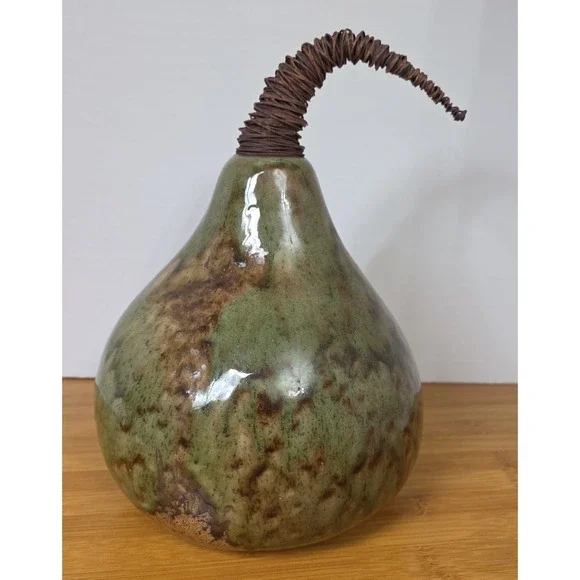 Pier 1 Ceramic Gourd Pumpkin Pear Wire Stem Brown Green Marbled Glossy Fall Art