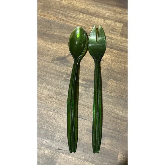 Green Acrylic Salad Serving Set 2 Piece Modern Kitchen Utensils Mid Century Mod