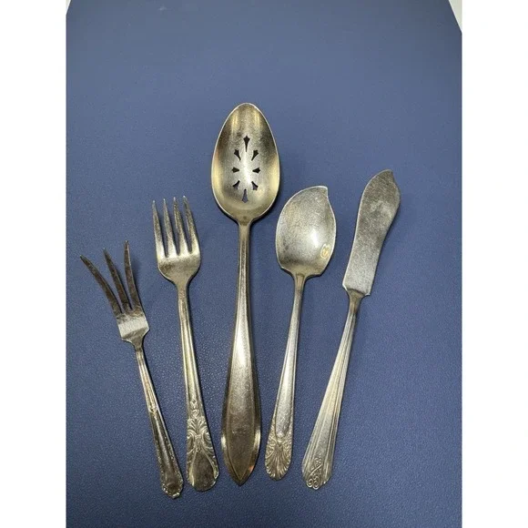 VTG Lot 5 Mixed Silverplate Spoons Forks Flatware Silver Plate CRAFT Jewelry MKR