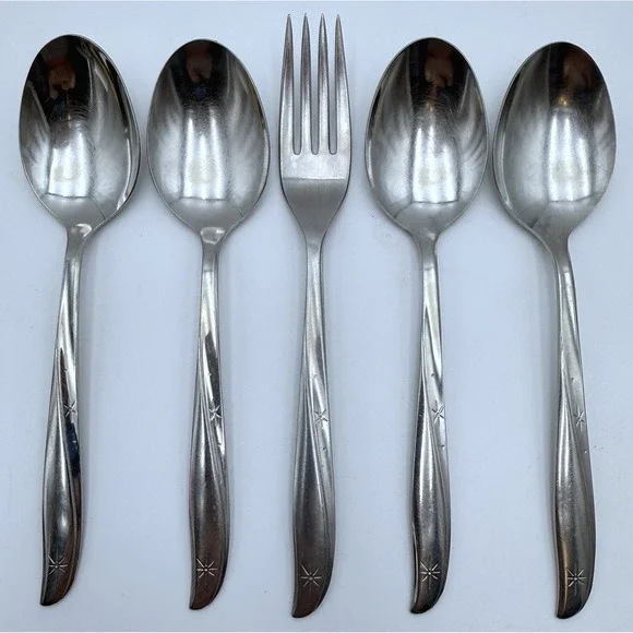 5 Oneida Community TWIN STAR Flatware Pieces 4 Table Soup Spoons 1 Fork Vtg 60s
