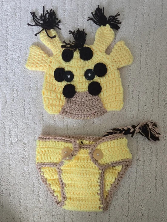 Yellow Knit Giraffe Crochet Baby Hat and Diaper Cover Set