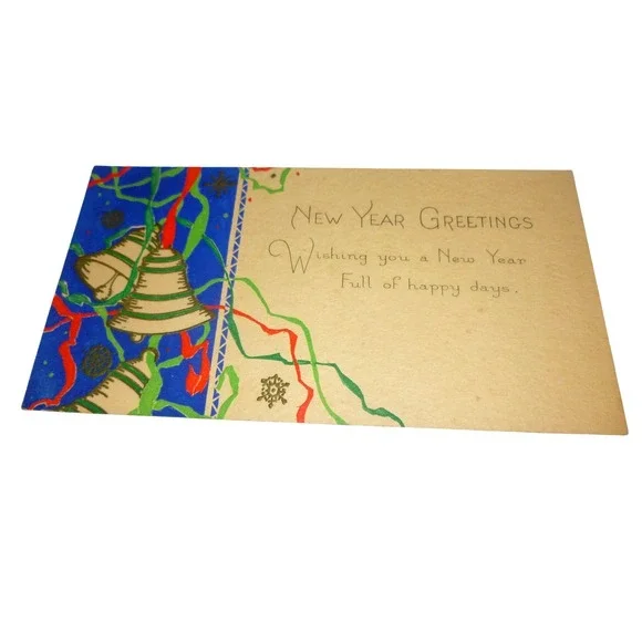 Vintage New Year Greetings Card Bells Ribbons‎ Art Deco Style Tan Blue 6x3.25in