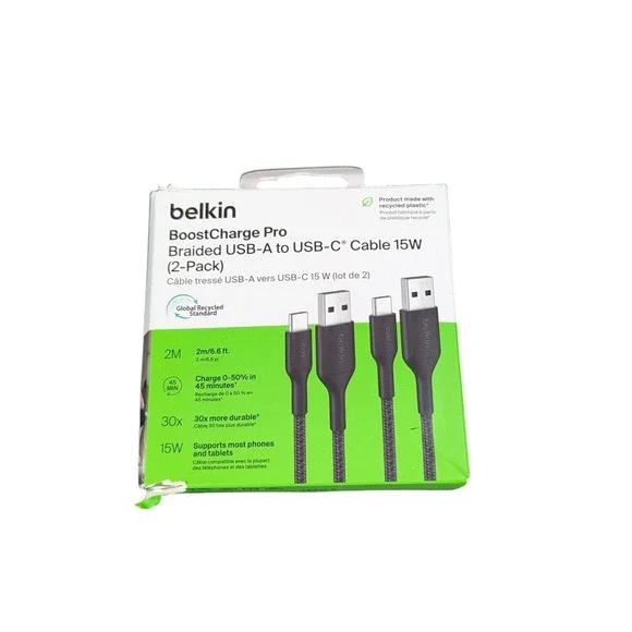 Aa3O Belkin‎ - BOOSTCHARGE Pro Braided USB-A to USB-C Cable 2M 2-Pack Black 