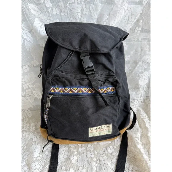 Vintage 90s Greatland Nylon Backpack Black Tan Suede Bottom Tribal Aztec Grunge