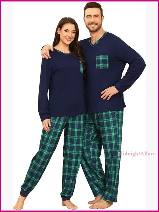Matching Pajama Set Long Sleeve Plaid Loungewear with Pockets