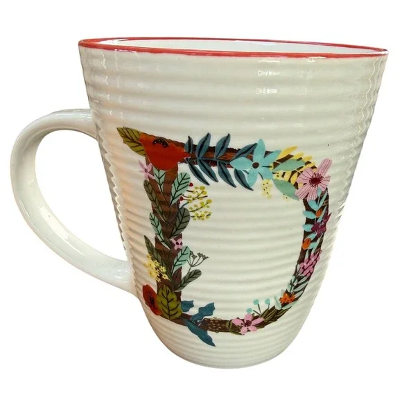 Pier 1 Savannah Stoneware Mug Letter D Floral‎ Monogram Ribbed White Red Rim