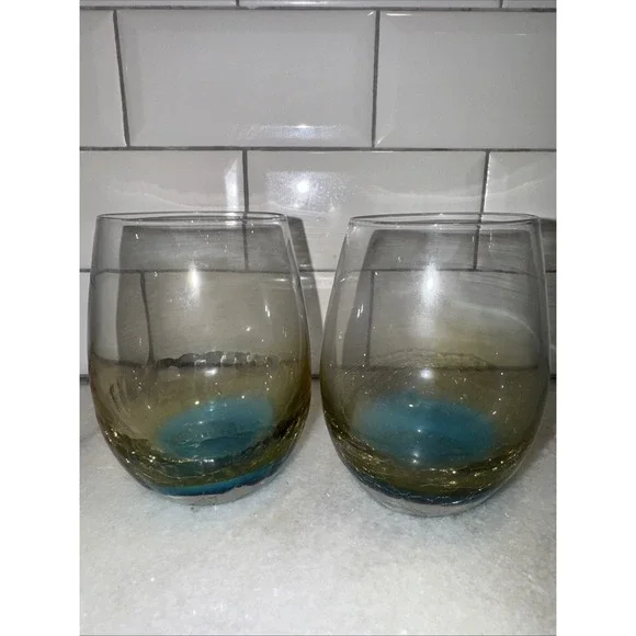 Pair Of Pier 1 HandBlown Blue/gold‎ Hombre Crackle stemless wine GlassRARE GW992