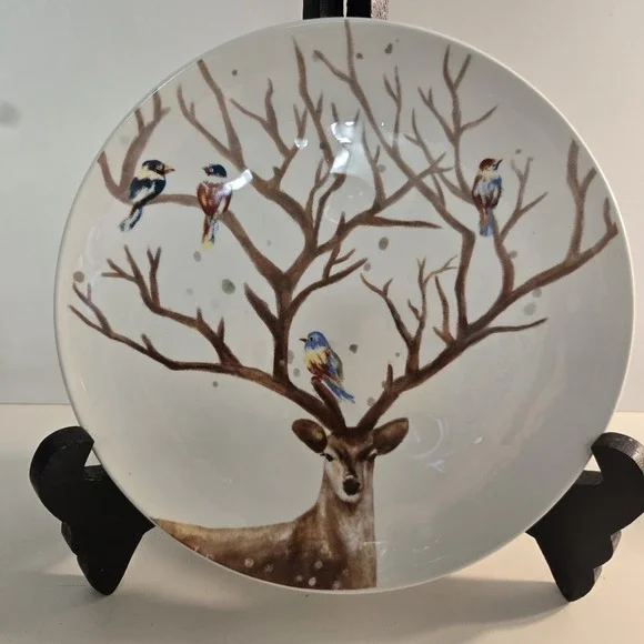 4pc Pier One Imports Salad Plates Reindeer w/ Birds Alexander Brunch Holiday 8.5
