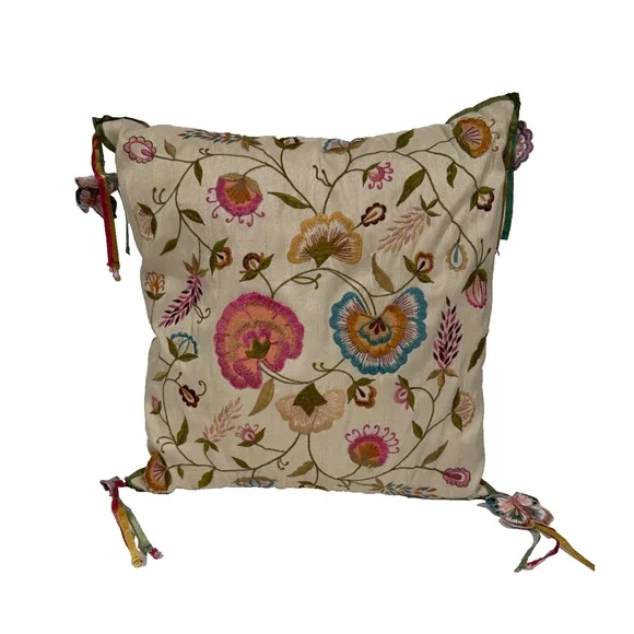 Pier 1 Floral Embroidered Floral Throw Pillow Square Pink Green Applique Tassel