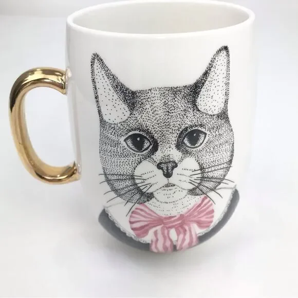 Pier 1 Fancy Cat Black White Pink Stripe Bow Double Sided Graphic China Mug