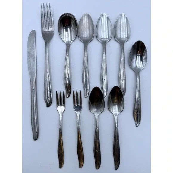 11 Mar-Crest, Kobe Atomic Star Flatware Pcs Mixed Lot Spoons Appetizer Forks 60s
